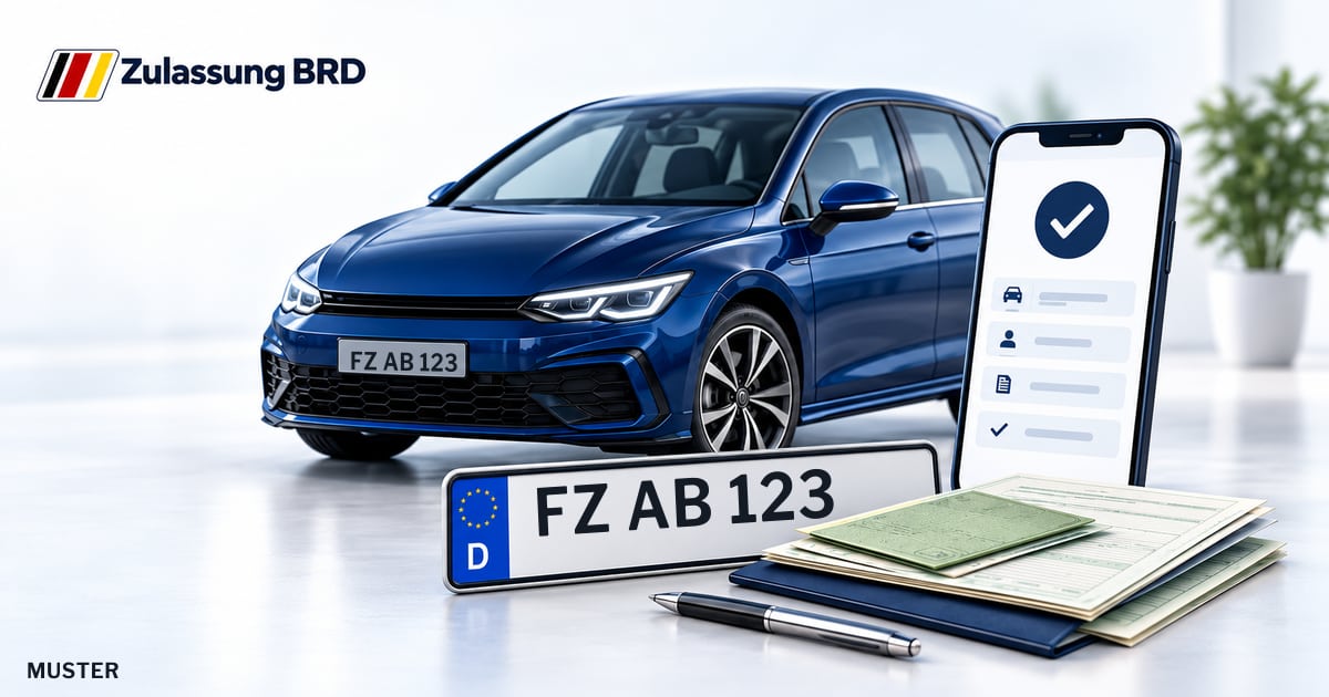 Online Fahrzeugzulassung in Spangenberg: Musterkennzeichen FZ AB 123, Auto und Fahrzeugpapiere und Smartphone. Illustration mit Logo von Zulassung BRD.